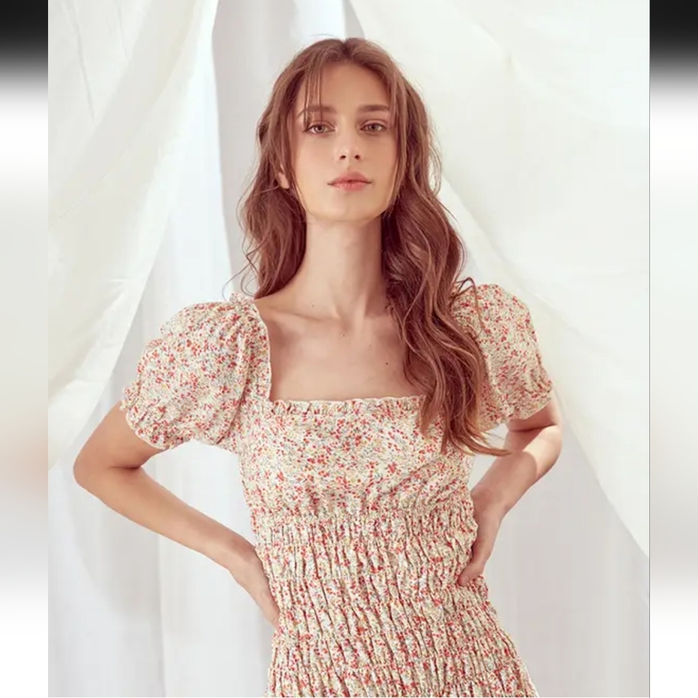 Storia Cream Floral Smocked Midi Dress with Pink and Green Accents